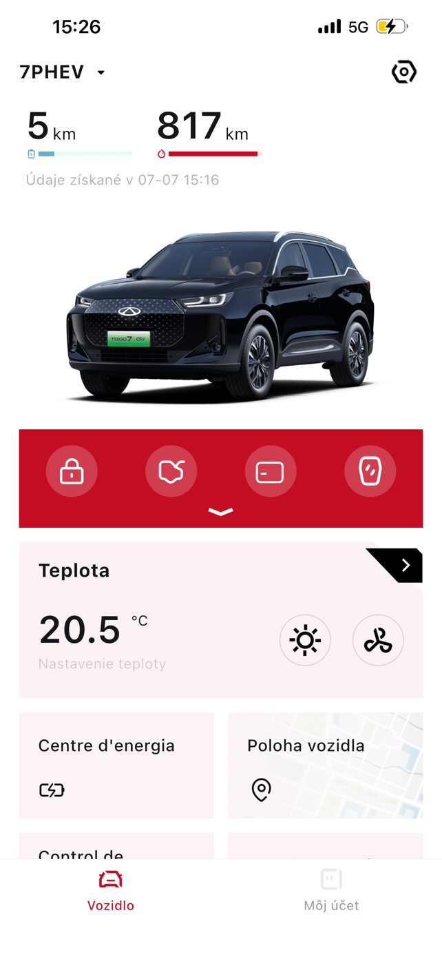 Kontrola stavu vozu v aplikaci CHERY